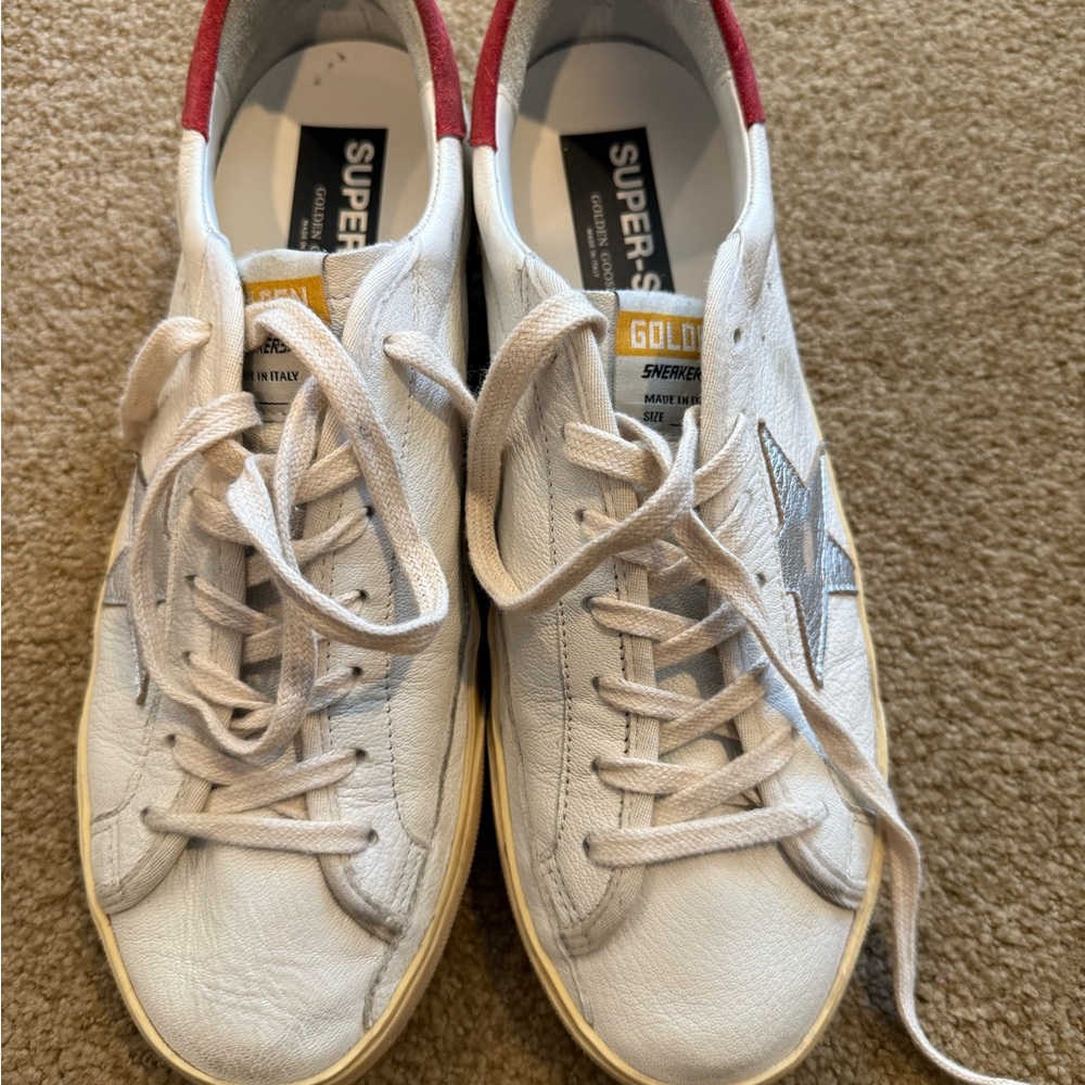 Golden Goose Red and White Sneakers with Star Logo